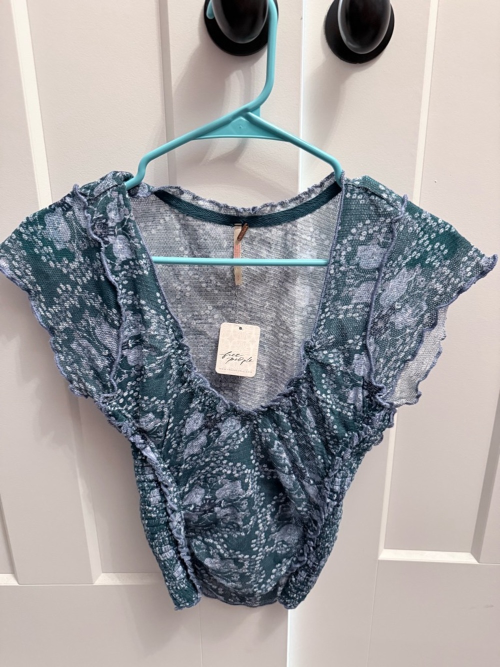 Free People Blue Green sheer Floral Ruffle V-Neck Top